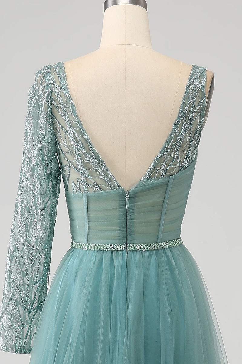 Load image into Gallery viewer, Grey Green A-Line Sparkly Sequin Long Corset Prom Dress