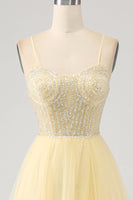 Load image into Gallery viewer, Tulle Beaded Light Yellow Prom Dress with Slit