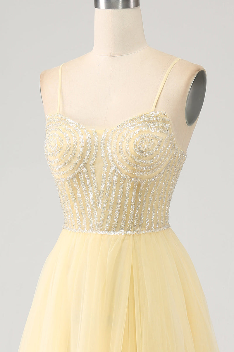 Load image into Gallery viewer, Tulle Beaded Light Yellow Prom Dress with Slit