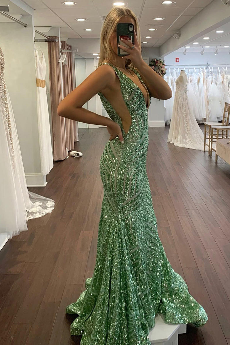 Load image into Gallery viewer, Dark Green Deep V Neck Sequin Mermaid Prom Dress