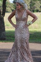 Load image into Gallery viewer, Orange Sparkly Deep V Neck Sequin Mermaid Prom Dress