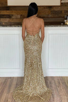 Load image into Gallery viewer, Mermaid Glitter Sequins Sexy Golden Backless Long Prom Dress