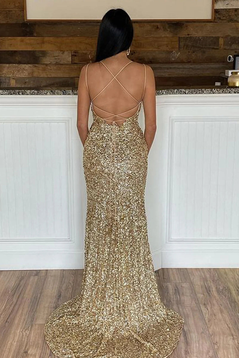 Load image into Gallery viewer, Mermaid Glitter Sequins Sexy Golden Backless Long Prom Dress