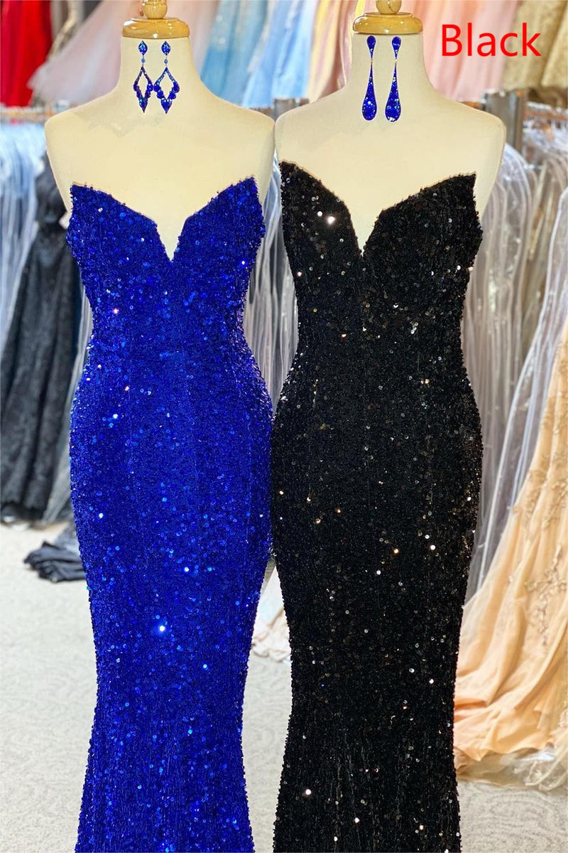 Load image into Gallery viewer, Strapless Sequins Royal Blue Mermaid Prom Dress