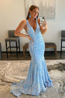 Load image into Gallery viewer, Blue Sequins Mermaid Prom Dress