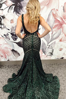 Load image into Gallery viewer, Dark Green Deep V Neck Sequin Mermaid Prom Dress