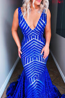 Load image into Gallery viewer, Light Purple Deep V Neck Sequin Mermaid Prom Dress
