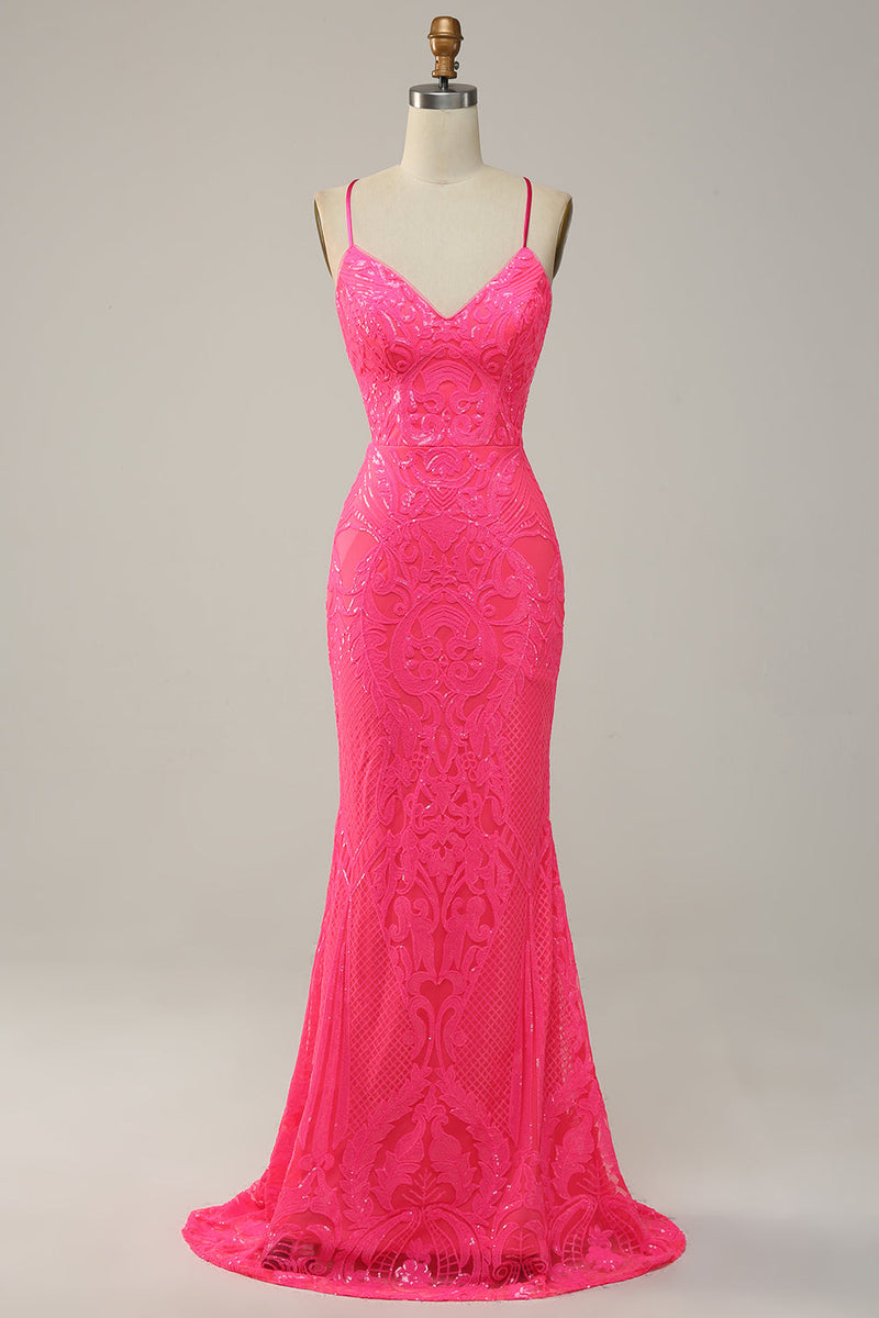 Sparkly Hot Pink Halter Sleeveless Sequin Long Party Dress Birthday Prom Gowns SP1764 main image 1