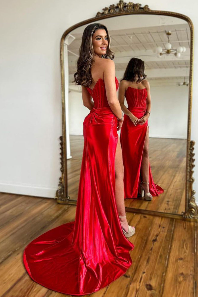 Queendancer Women Sparkly Red Satin Long Corset Prom Dress with Slit