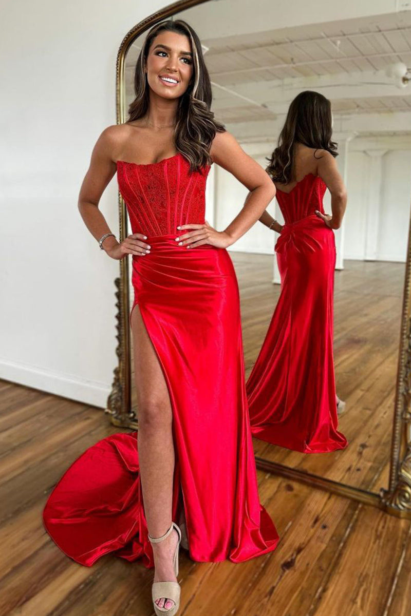 Queendancer Women Sparkly Red Satin Long Corset Prom Dress With Slit Queendancer Women Sparkly Red Satin Long Corset Prom Dress With Slit