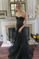 Load image into Gallery viewer, Black Corset A-Line Tulle Long Prom Dress with Lace