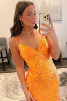 Load image into Gallery viewer, Sparkly Orange Sequins Long Prom Dress with Slit
