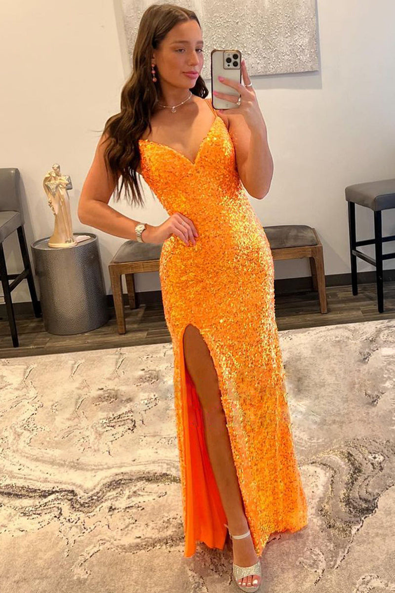 Load image into Gallery viewer, Sparkly Orange Sequins Long Prom Dress with Slit