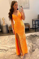 Load image into Gallery viewer, Sparkly Orange Sequins Long Prom Dress with Slit