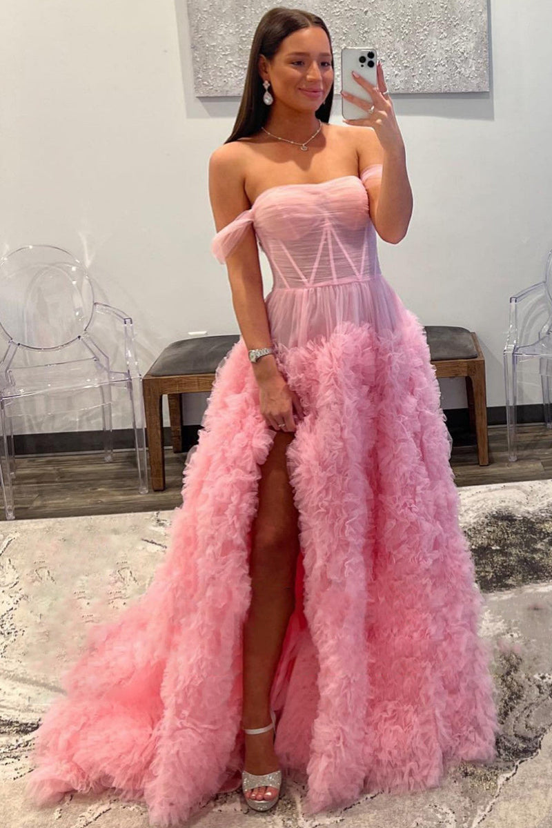 Load image into Gallery viewer, Pink Corset Off the Shoulder Long Prom Dress with Ruffles
