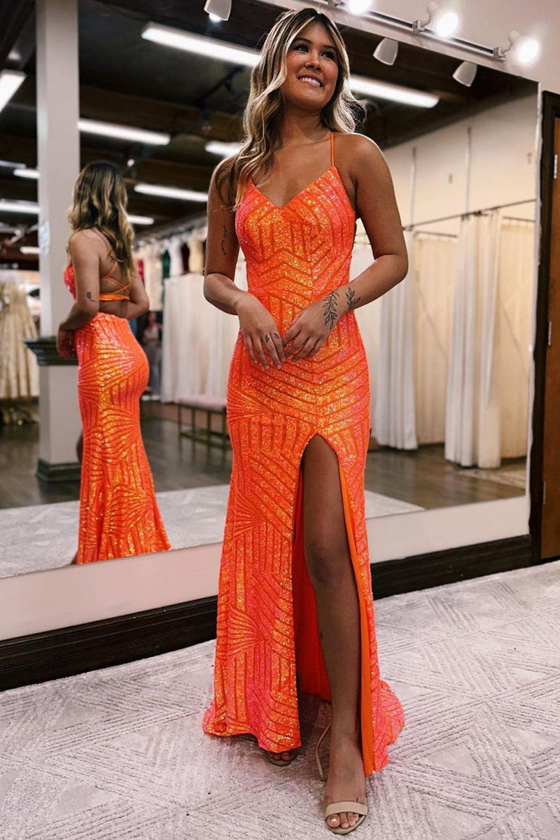 Load image into Gallery viewer, Sparkly Orange Open Back Sequins Long Prom Dress with Slit
