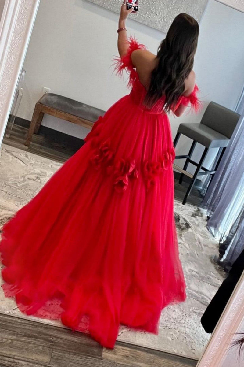 Load image into Gallery viewer, Red A-Line Corset Long Prom Dress with 3D Flowers