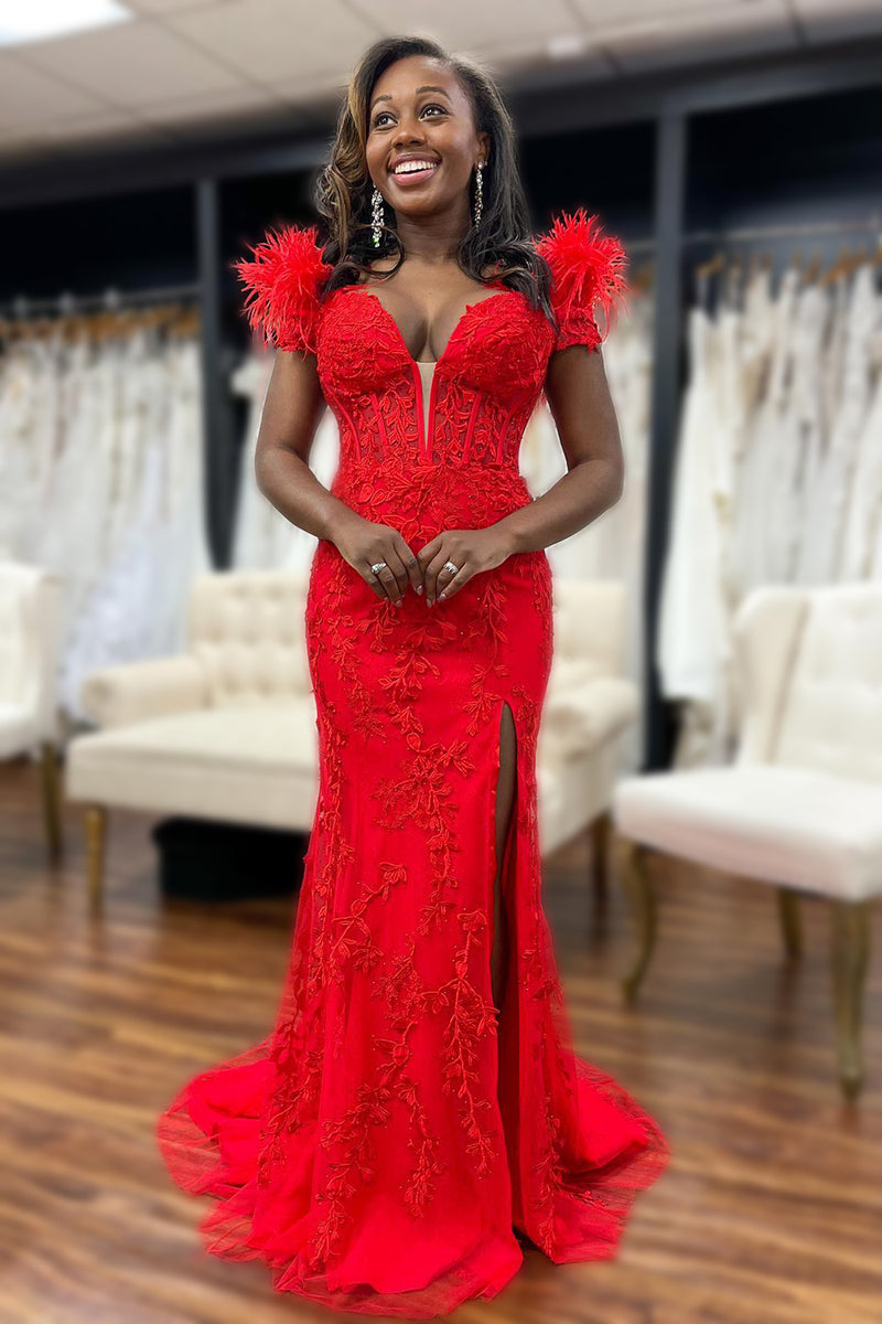 Load image into Gallery viewer, Black Mermaid Lace Long Prom Dress with Feathers