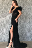 Load image into Gallery viewer, Black Mermaid Lace Long Prom Dress with Feathers