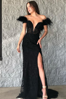 Load image into Gallery viewer, Black Mermaid Lace Long Prom Dress with Feathers