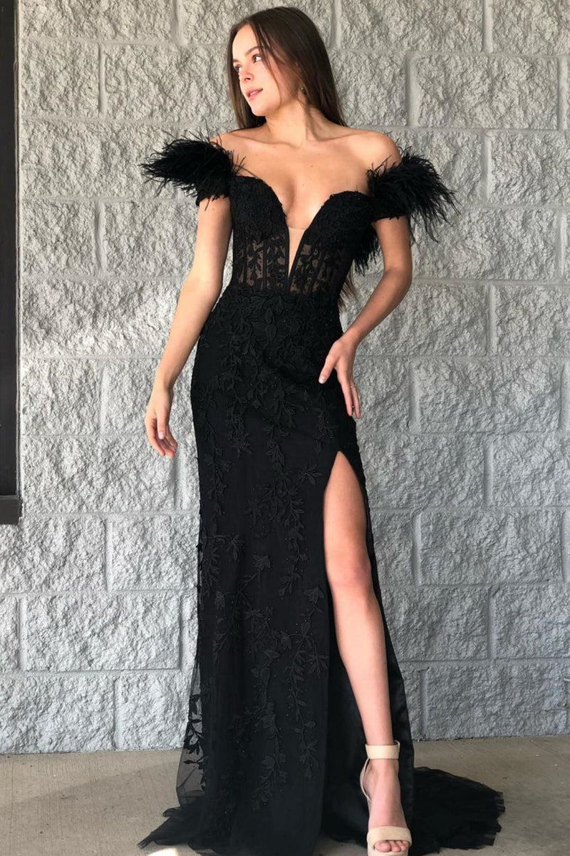 Load image into Gallery viewer, Black Mermaid Lace Long Prom Dress with Feathers