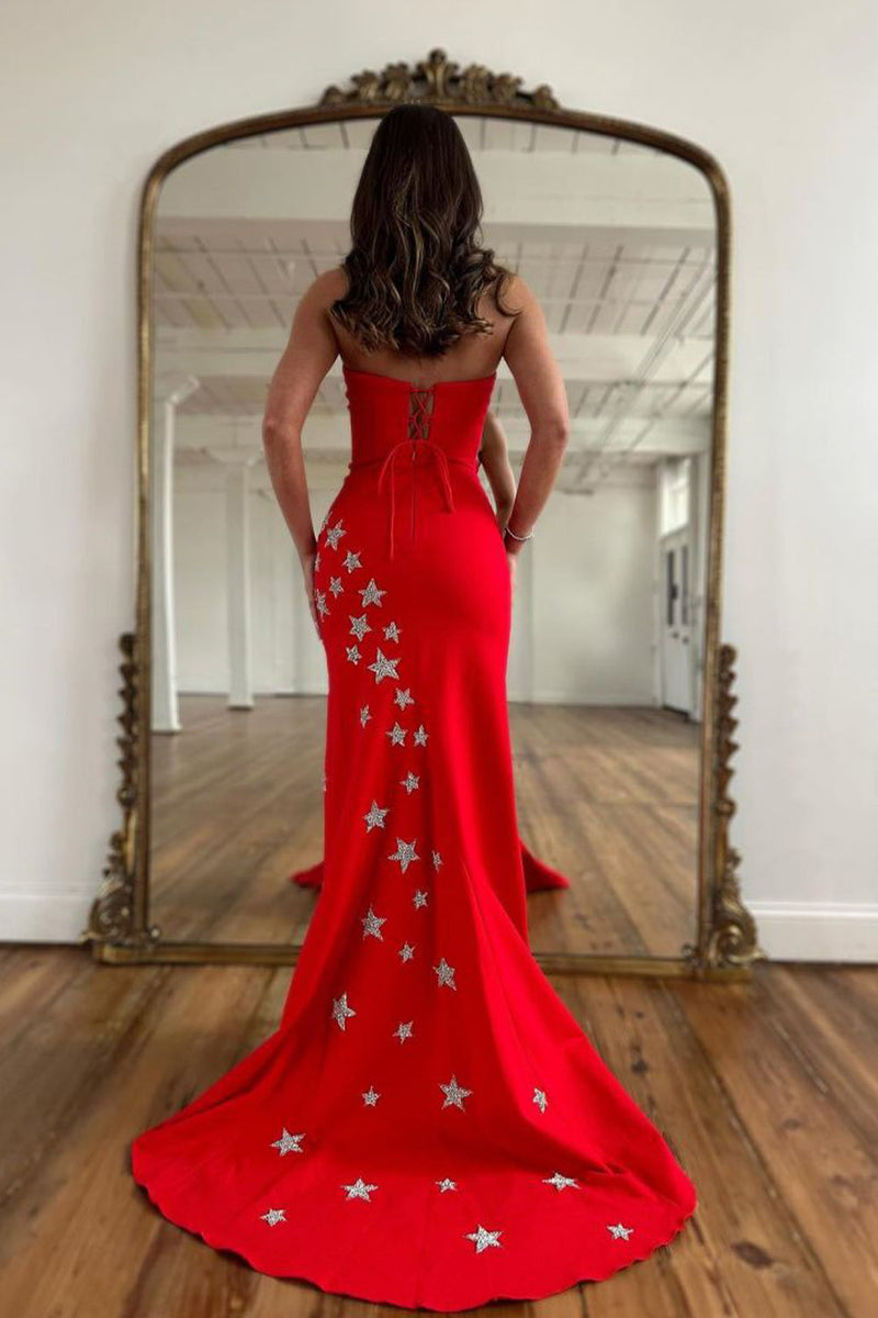 Load image into Gallery viewer, Red Strapless Mermaid Long Prom Dress with Stars
