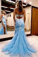 Load image into Gallery viewer, Blue Open Back Mermaid Lace Prom Dress with Slit