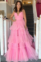 Load image into Gallery viewer, Beige Tulle Tiered Spaghetti Straps Long Prom Dress with Slit
