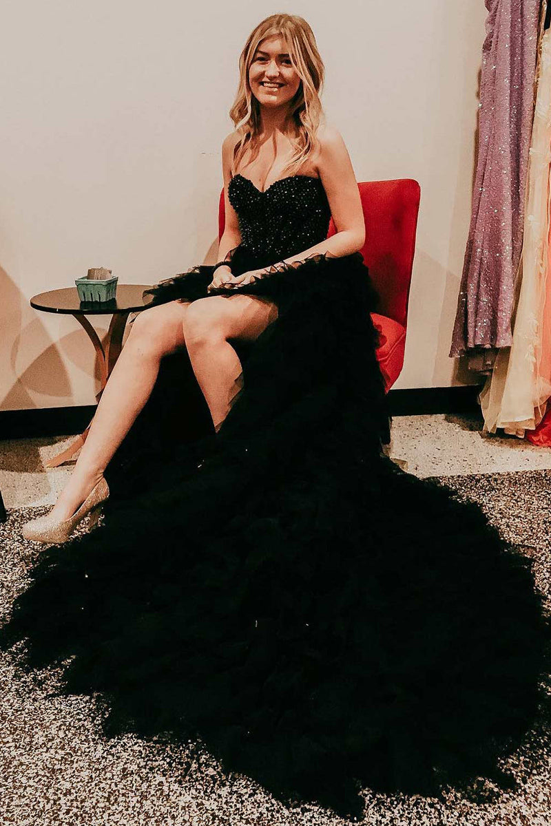 Load image into Gallery viewer, Red Beaded A-Line Tiered High Low Prom Dress