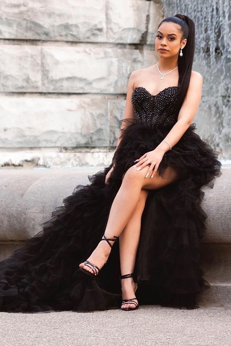 Load image into Gallery viewer, Red Beaded A-Line Tiered High Low Prom Dress