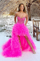 Load image into Gallery viewer, Red Beaded A-Line Tiered High Low Prom Dress
