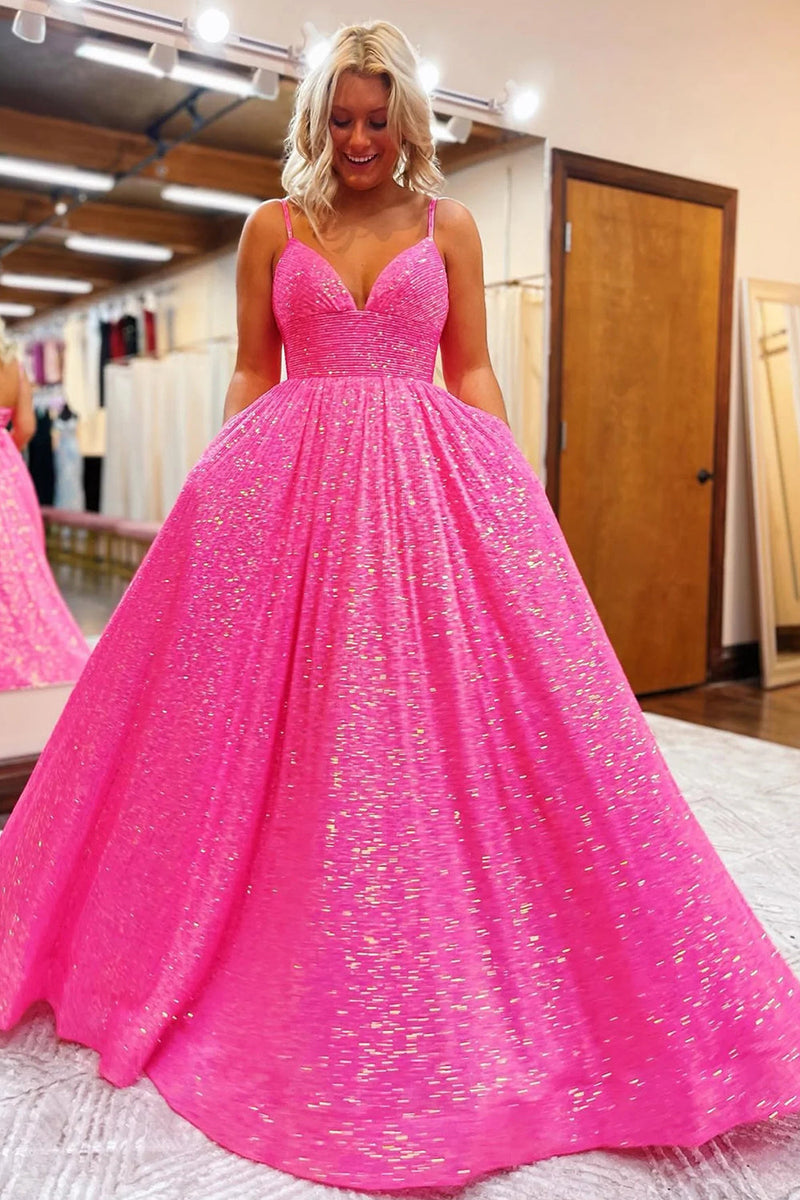 Queendancer Women Sparkly Hot Pink Sequins A-Line Long Prom Dress Spaghetti Straps Party Dress queendanceruk Queendancer Women Sparkly Hot Pink Sequins A-Line Long Prom Dress Spaghetti Straps Party Dress queendanceruk