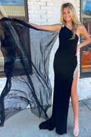 Load image into Gallery viewer, Mermaid One Shoulder Black Long Prom Dress with Split Front