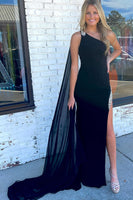 Load image into Gallery viewer, Mermaid One Shoulder Black Long Prom Dress with Split Front