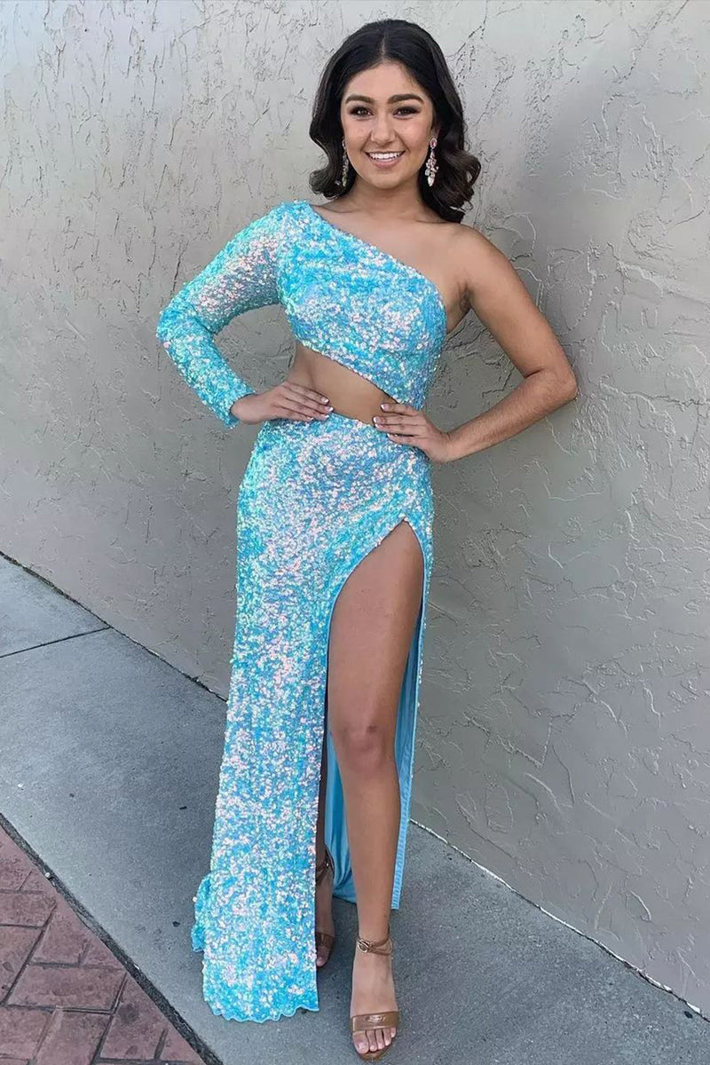 Load image into Gallery viewer, Sheath One Shoulder Red Sequins Long Prom Dress with Silt