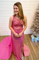 Load image into Gallery viewer, Sparkly Orange Corset One Shoulder Long Prom Dress with Deatchable Train