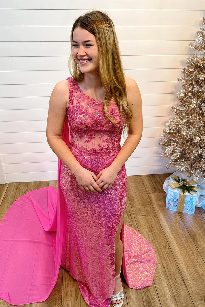 Load image into Gallery viewer, Sparkly Orange Corset One Shoulder Long Prom Dress with Deatchable Train