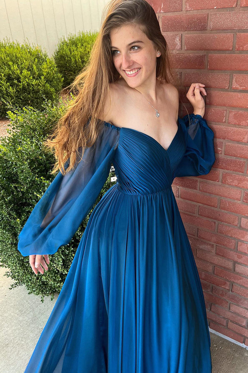 Queendancer Women Navy Off the Shoulder Long Sleeves Prom Dress with Ruffles A Line Party Dress queendanceruk Queendancer Women Navy Off the Shoulder Long Sleeves Prom Dress with Ruffles A Line Party Dress queendanceruk