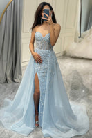 Load image into Gallery viewer, Glitter Light Blue Long Corset Prom Dress With Slit