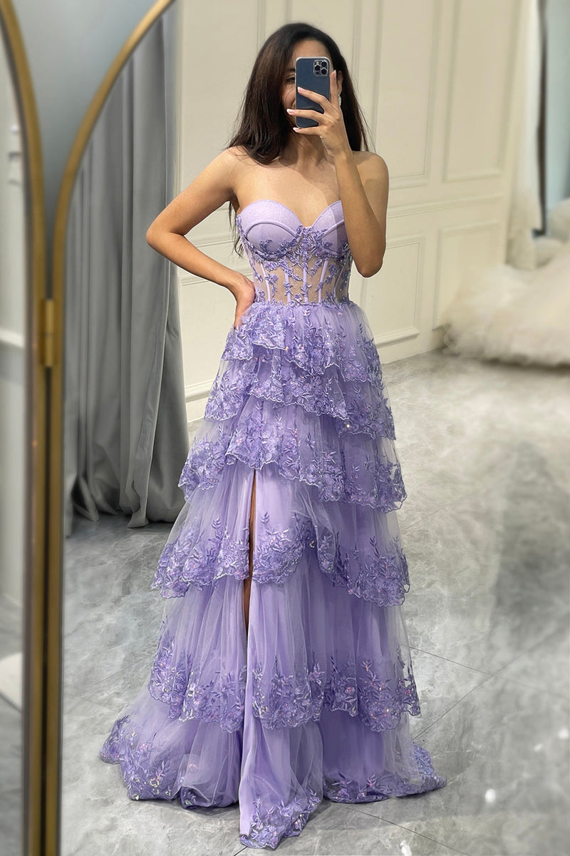 Load image into Gallery viewer, Glitter Purple Sweetheart Long Corset Tiered Prom Dress With Slit
