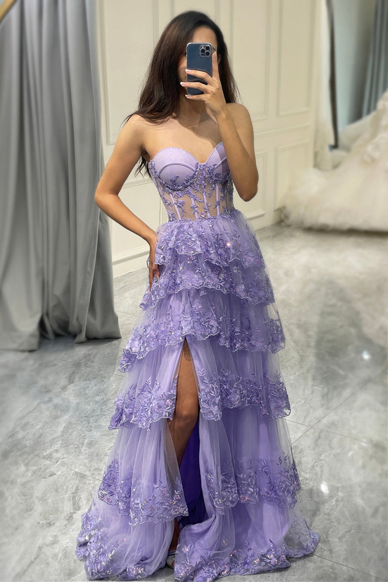 Queendancer Women Purple Corset Long Prom Dress with Slit Mermaid