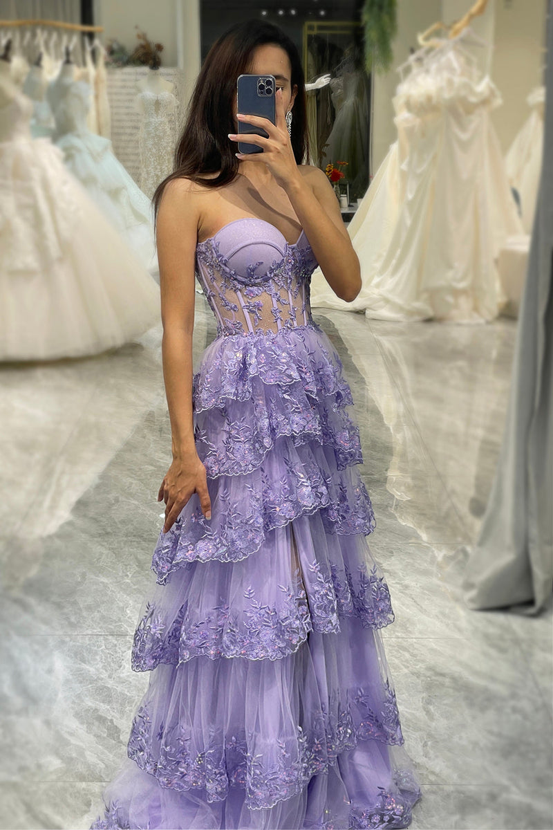 Load image into Gallery viewer, Glitter Purple Sweetheart Long Corset Tiered Prom Dress With Slit