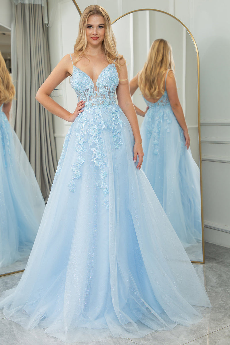 Queendancer Women Light Blue Long Corset Prom Dress A Line Tulle