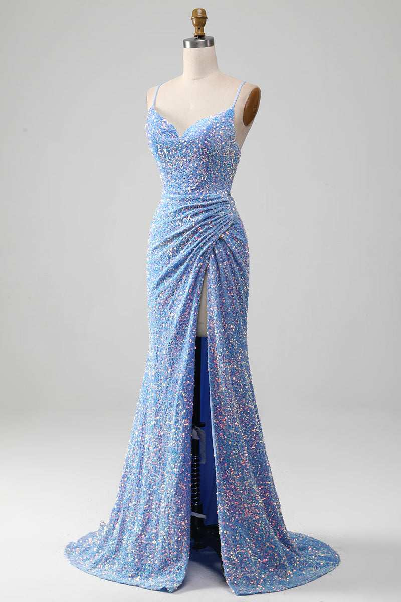 Queendancer Women Sparkly Sequins Light Blue Prom Dress with Slit