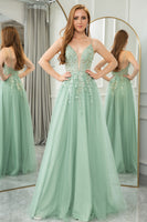 Load image into Gallery viewer, Green A Line Tulle Backless Long Prom Dress With Appliques