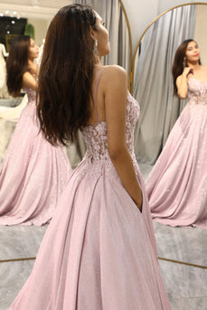 Sparkly Blush A Line Appliqued Long Corset Prom Dress