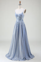 Load image into Gallery viewer, Glitter A-Line Spaghetti Straps Grey Blue Prom Dress
