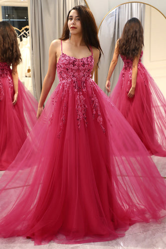 Fuchsia A Line Long Prom Dress With Appliques