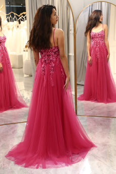 Fuchsia A Line Long Prom Dress With Appliques