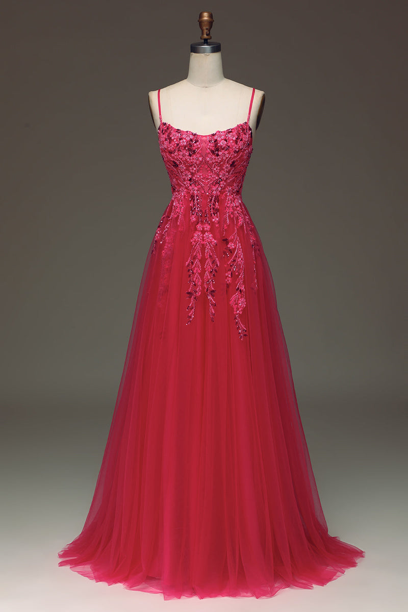 Load image into Gallery viewer, Spaghetti Straps A Line Fuchsia Prom Dress with Appliques